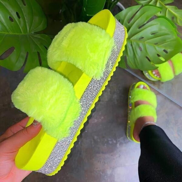 Diamants Strass Fluffy Fourrure Diapositives Chaussures Semelle Épaisse Sandales Femmes Été Furry Pantoufles - Image 2