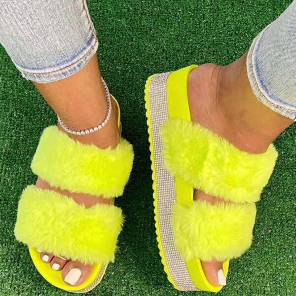 Diamants Strass Fluffy Fourrure Diapositives Chaussures Semelle Épaisse Sandales Femmes Été Furry Pantoufles