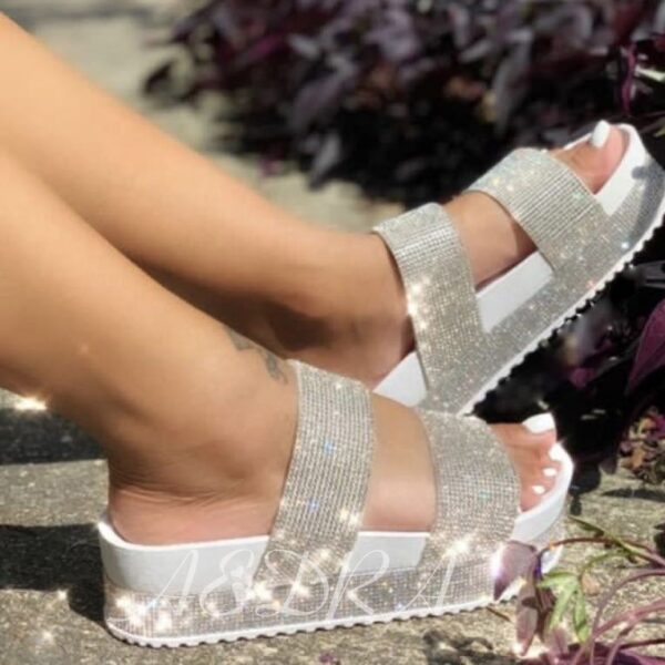 Femmes Bling strass diapositives haute plate-forme sandales semelle épaisse arc-en-ciel cristal plage pantoufles plates
