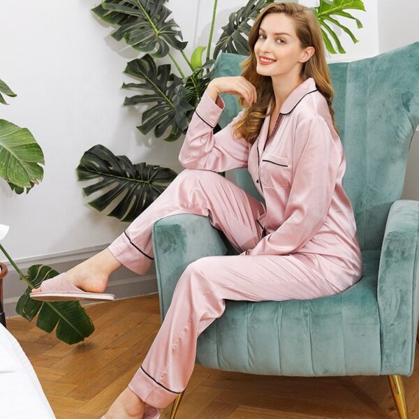 pyjamas en soie à manches longues en polyester satin de nuit femmes - Image 3