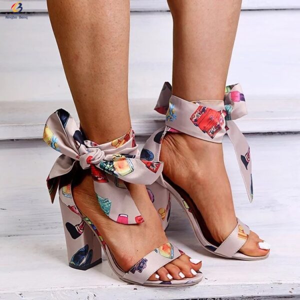 talon bride à la cheville sandale chaussures florales pour femmes talons semelle haute sandales à bout ouvert - Image 4