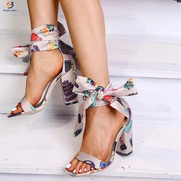 talon bride à la cheville sandale chaussures florales pour femmes talons semelle haute sandales à bout ouvert - Image 2
