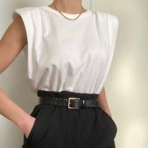 Chemisier femme décontracté sans manches hauts T-shirts dame col rond sans manches t-shirt ample avec épaulière