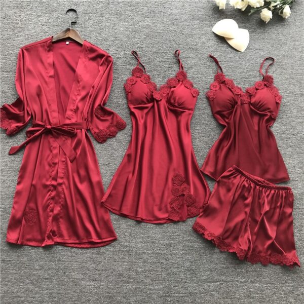 Satin Sexy dentelle pyjama 4 pièces ensemble pyjama soie Homewear Spaghetti sangle Pijama femmes vêtements de nuit avec coussinets de poitrine - Image 2