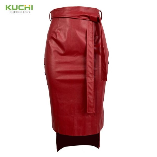 Jupe mi-longue en cuir Bondage marron élégant ourlet fendu devant Double bouton ceinturée en cuir Mini jupe bureau dame solide vêtements de travail - Image 5