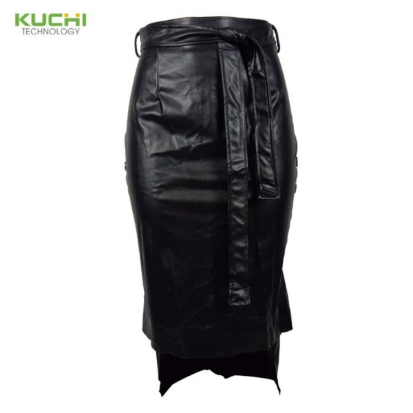 Jupe mi-longue en cuir Bondage marron élégant ourlet fendu devant Double bouton ceinturée en cuir Mini jupe bureau dame solide vêtements de travail - Image 6