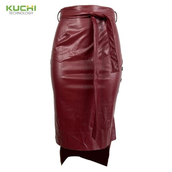 Jupe mi-longue en cuir Bondage marron élégant ourlet fendu devant Double bouton ceinturée en cuir Mini jupe bureau dame solide vêtements de travail - Image 7