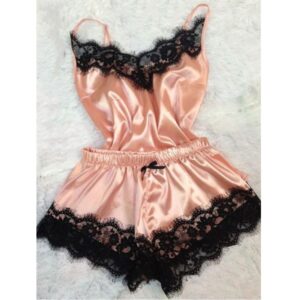 Vêtements de nuit pour femmes Ensemble de pyjama en satin sexy en dentelle noire à col en V Vêtements de nuit sans manches Cami mignon Cami Top et Shorts pijama