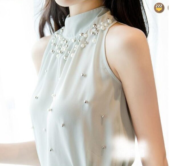 Blouse en mousseline de soie perles mode chemise en mousseline de soie sans manches femmes élégantes et tempérament hauts à col roulé - Image 5