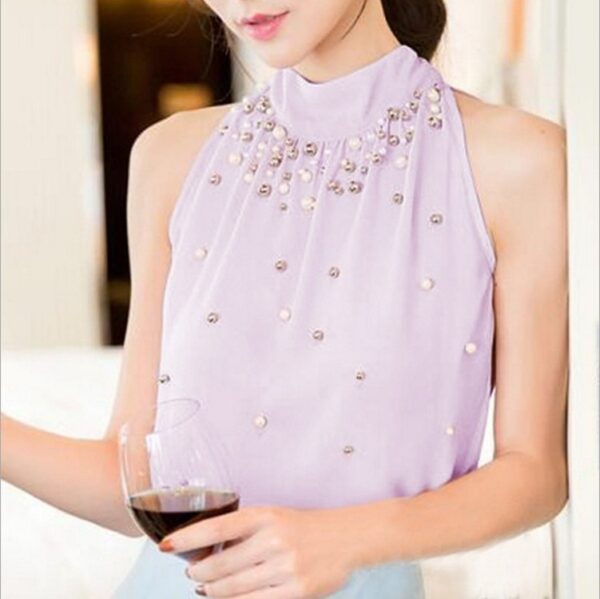 Blouse en mousseline de soie perles mode chemise en mousseline de soie sans manches femmes élégantes et tempérament hauts à col roulé
