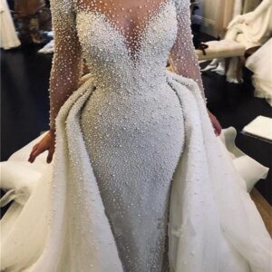 FA191 luxe pleine perle perlée sirène robes de mariée avec train détachable Vintage manches longues saoudien arabe grande taille mariée