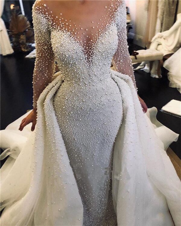 FA191 luxe pleine perle perlée sirène robes de mariée avec train détachable Vintage manches longues saoudien arabe grande taille mariée