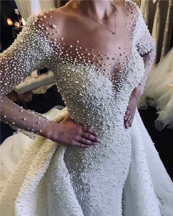 FA191 luxe pleine perle perlée sirène robes de mariée avec train détachable Vintage manches longues saoudien arabe grande taille mariée - Image 4