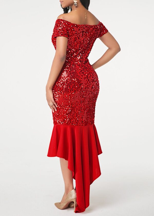 Robe fourreau ornée de sequins à épaules dénudées rouge vin - Image 3