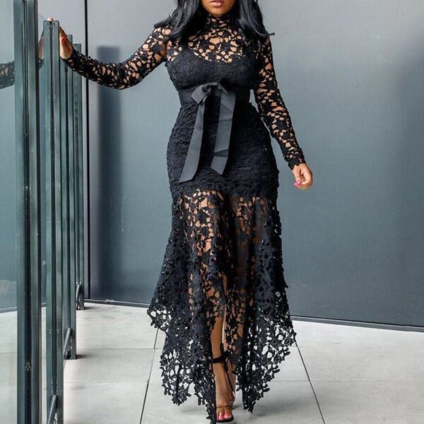 Robe longue asymétrique en dentelle à manches longues et col montant - Image 5