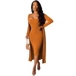 Tenues Femmes Deux Pièces Automne Hiver Sans Manches Solide 2 Pièces Robe Moulante En Velours Avec Long Manteau