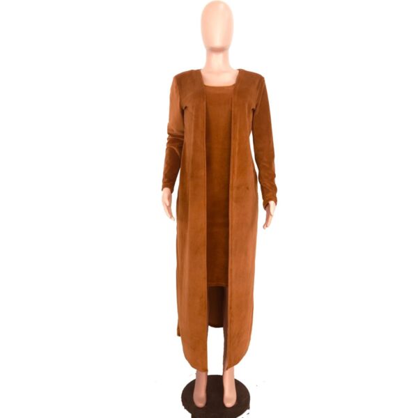 Tenues Femmes Deux Pièces Automne Hiver Sans Manches Solide 2 Pièces Robe Moulante En Velours Avec Long Manteau - Image 3