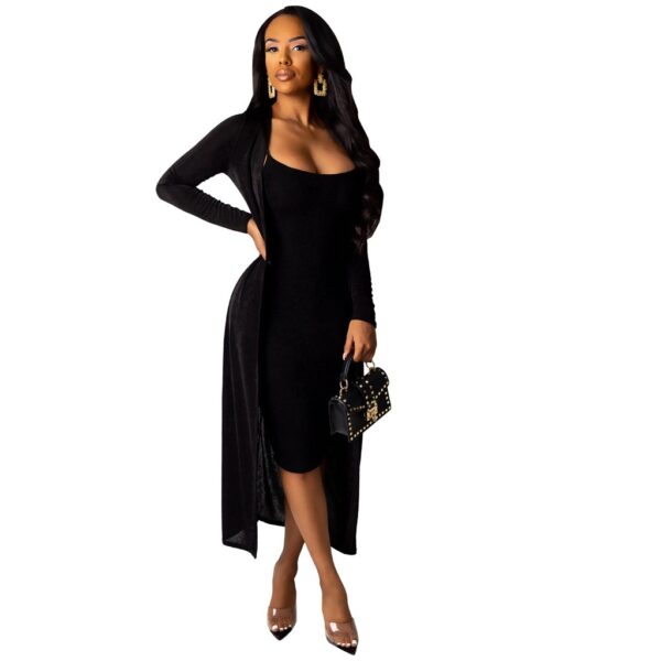 Tenues Femmes Deux Pièces Automne Hiver Sans Manches Solide 2 Pièces Robe Moulante En Velours Avec Long Manteau - Image 4