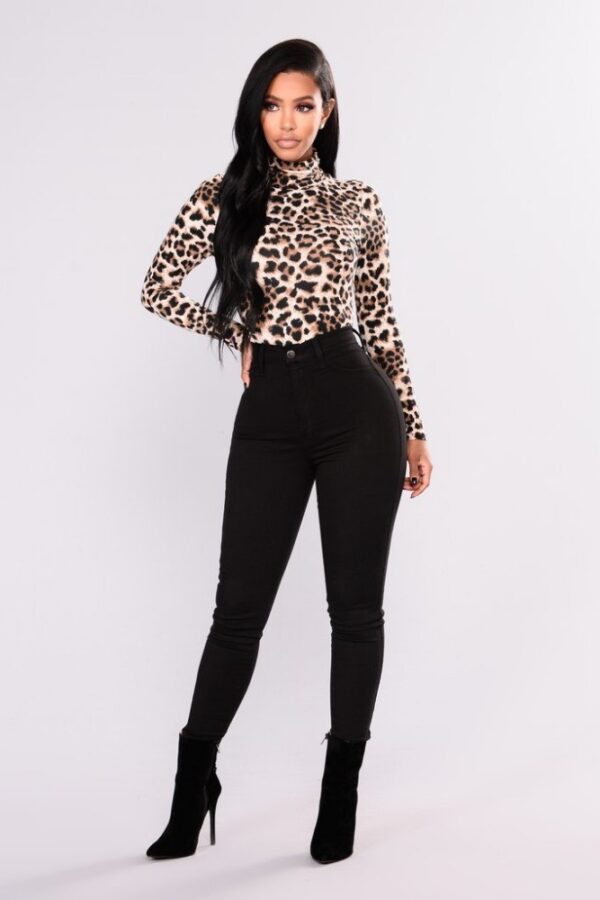Sexy femmes imprimé léopard t-shirt de base automne à manches longues col roulé Slim Top Party Club T-shirt EK9055 - Image 4