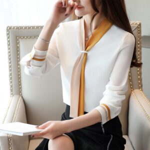 Femmes élégantes solides hauts amples et chemisier printemps automne Vintage OL à manches longues en mousseline de soie hauts Blusas Mujer De Moda