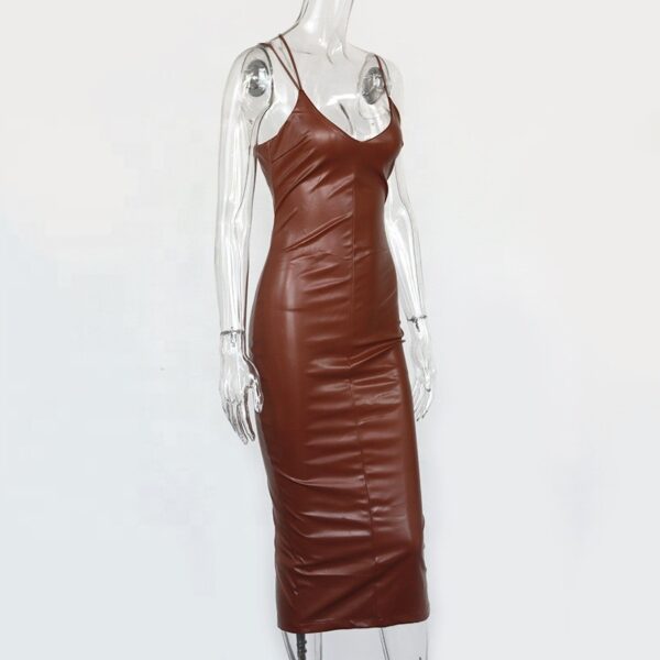 Robe avant en v profonde dos nu sans manches robes de soirée marron 2021 robe de soirée élégante en cuir pu filles - Image 5