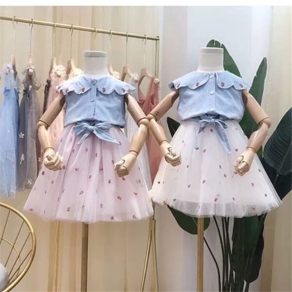 Deux pièces robe d'été filles ensembles de vêtements sans manches imprimé floral t-shirt haut et robe tutu enfants - Image 2