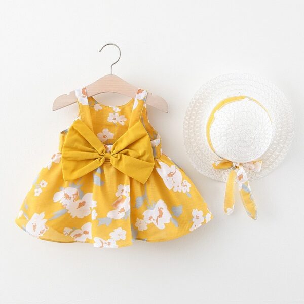 Bébé filles robes avec chapeau 2 pièces ensembles de vêtements enfants vêtements bébé sans manches fête d'anniversaire robe de princesse imprimer noeud floral