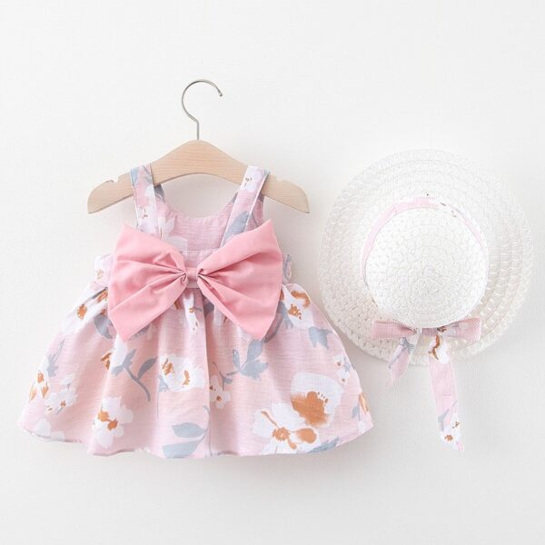 Bébé filles robes avec chapeau 2 pièces ensembles de vêtements enfants vêtements bébé sans manches fête d'anniversaire robe de princesse imprimer noeud floral - Image 3