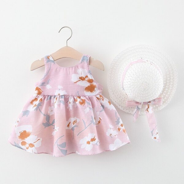 Bébé filles robes avec chapeau 2 pièces ensembles de vêtements enfants vêtements bébé sans manches fête d'anniversaire robe de princesse imprimer noeud floral - Image 4