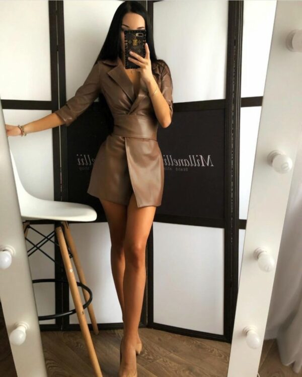 Conception automne et hiver style chic col cranté manches moyennes femmes robe pu avec ceinture - Image 5