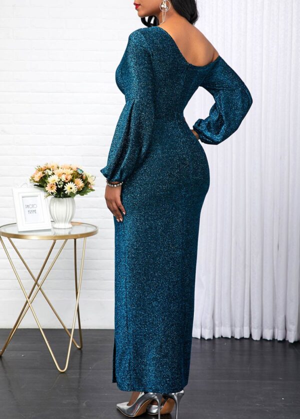 Robe bleu paon à manches longues et col biais - Image 3