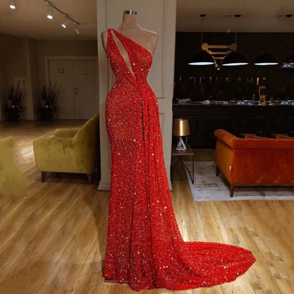 Nouvelle Robe de soirée sexy en diagonale de couleur rouge à l'épaule Robe de soirée longue bordée d'or chaud - Image 3