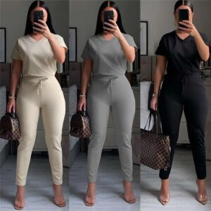 nouveauté sport femmes ensemble deux pièces + sport décontracté col en V costume deux pièces de couleur unie