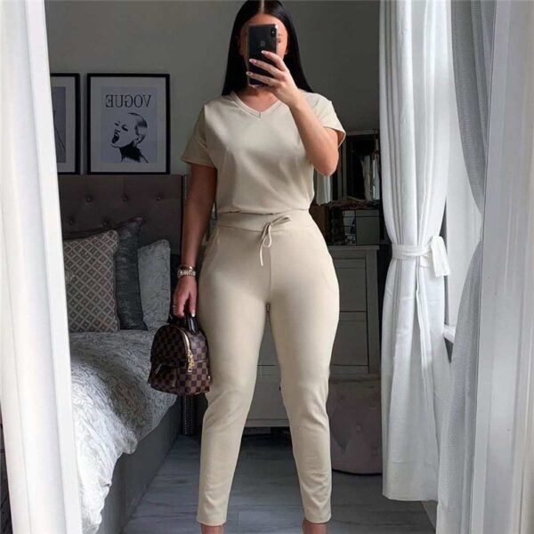 nouveauté sport femmes ensemble deux pièces + sport décontracté col en V costume deux pièces de couleur unie - Image 3