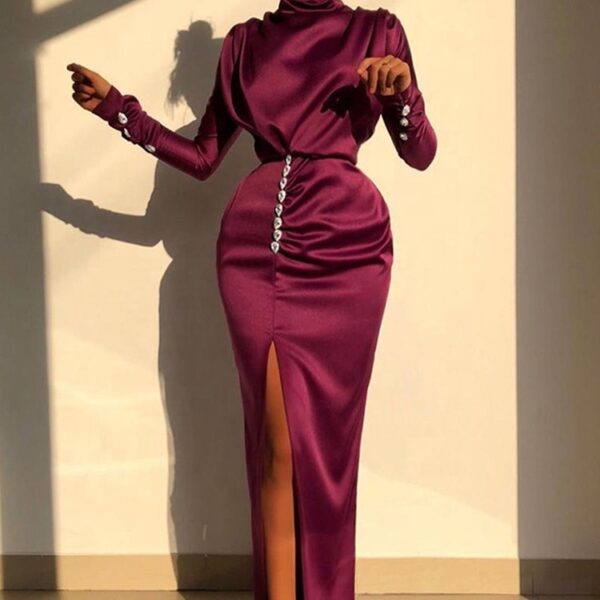 LAELLE Robe sacree, Col haut Split Strass Décor Manches Longues Longues Maxi Robes De Soirée De Soirée Femmes