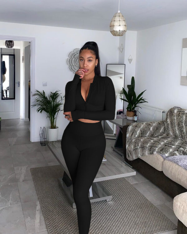 ROENAL JANA, Les joggeurs deux pièces de couleur unie pour femmes portent un haut court zippé taille haute skinny tenue de sport durable - Image 3