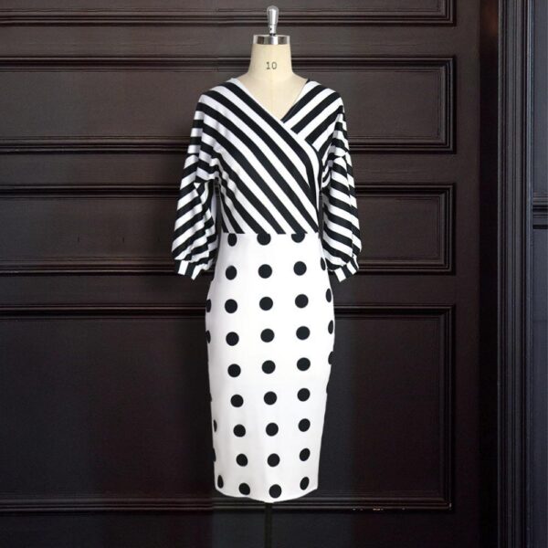 Robe W & A nouveauté mode OL robe col en V plaid et points patchwork lanterne manches crayon robe élégante femmes bureau robe - Image 3