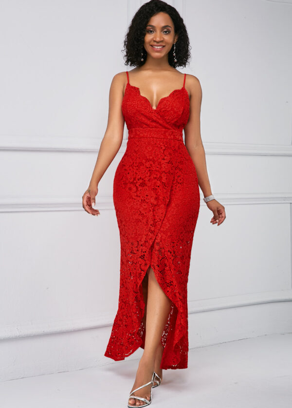 KOEN MULLER, Robe rouge à bretelles fines fendues avec empiècement en dentelle - Image 5