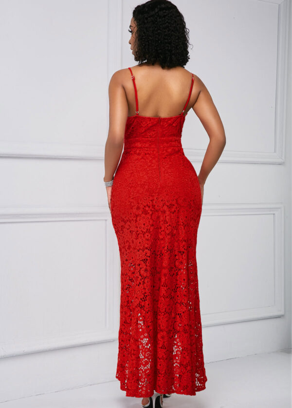 KOEN MULLER, Robe rouge à bretelles fines fendues avec empiècement en dentelle - Image 4
