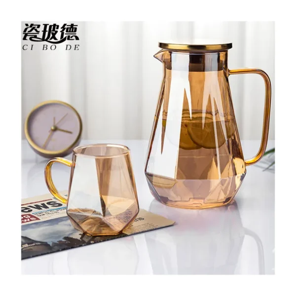 Pichet à eau personnalisé tasse en verre à boire ensemble jus jante dorée cruche à thé carafe couleur ambre diamant cristal cruche à filtre à eau - Image 3