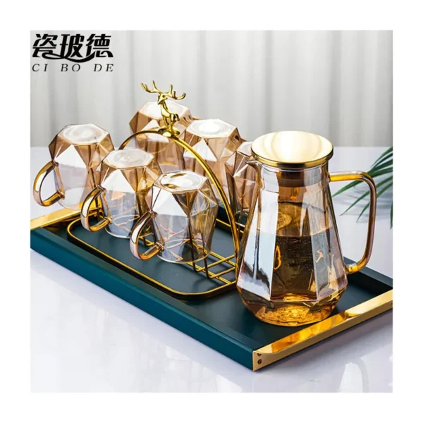 Pichet à eau personnalisé tasse en verre à boire ensemble jus jante dorée cruche à thé carafe couleur ambre diamant cristal cruche à filtre à eau - Image 2