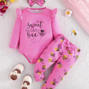 KEETY, Bébé fille automne mignon petit imprimé à manches longues triangle barboteuse nœud pantalon évasé bandeau ensemble