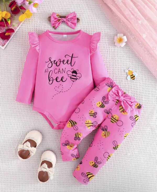 KEETY, Bébé fille automne mignon petit imprimé à manches longues triangle barboteuse nœud pantalon évasé bandeau ensemble