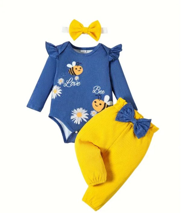 BABY PO, Barboteuse à manches longues pour filles Pantalon imprimé mignon pour enfants Bandeau imprimé - Image 4