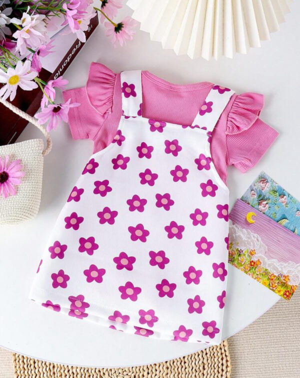 KURT, Vêtements à manches courtes couleur rose tricot barboteuse robe à bretelles florale deux pièces vêtements pour bébé filles ensemble - Image 3