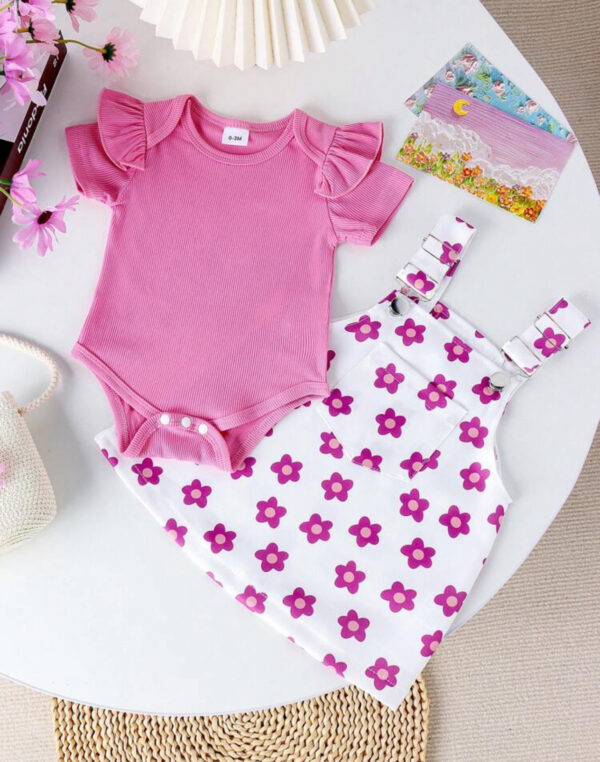 KURT, Vêtements à manches courtes couleur rose tricot barboteuse robe à bretelles florale deux pièces vêtements pour bébé filles ensemble - Image 2